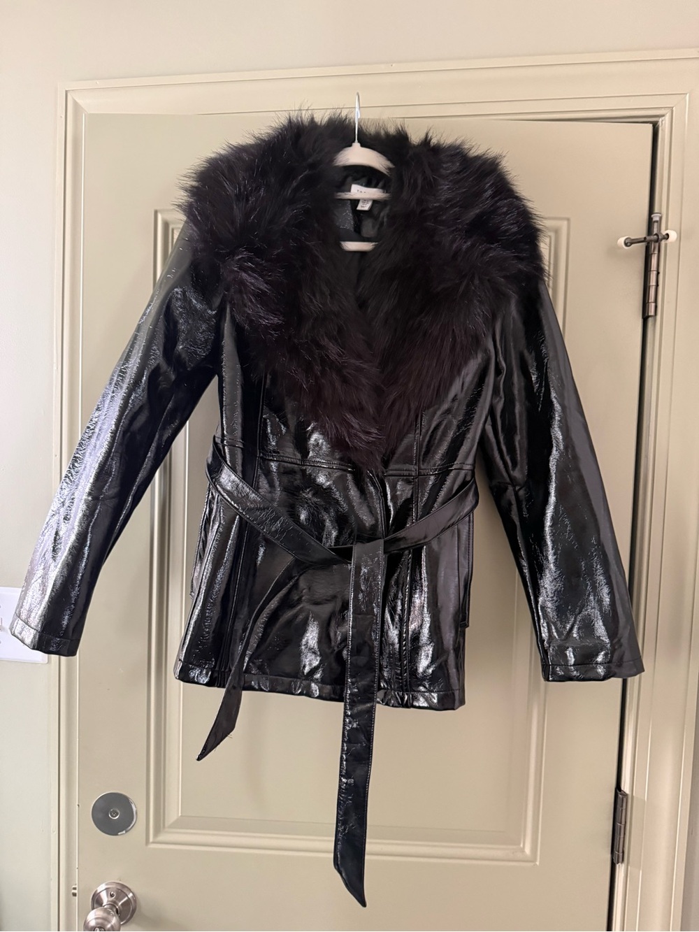 TopShop Faux Leather Fur Collar Belted Jacket